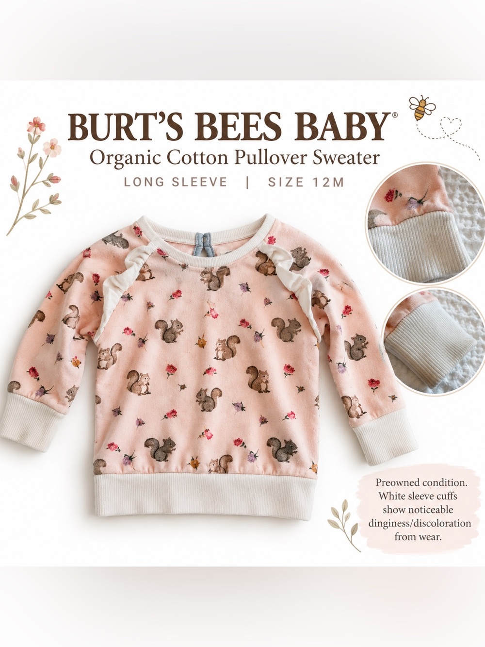Burt’s Bees Baby Squirrel Floral Organic Cotton Pullover Sweatshirt 12M